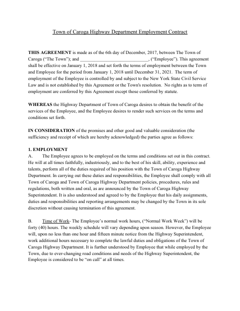 First page of the Highway Department Employment Contract