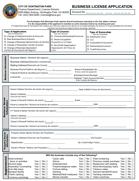 First page of the Business License Application