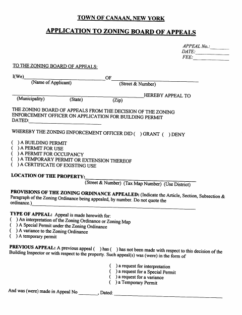 First page of the Zoning Board of Appeals Application