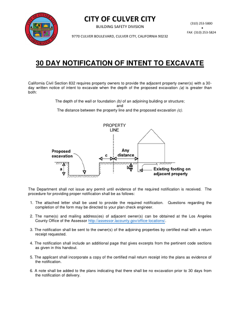 First page of the 30 Day Notification of Intent to Excavate