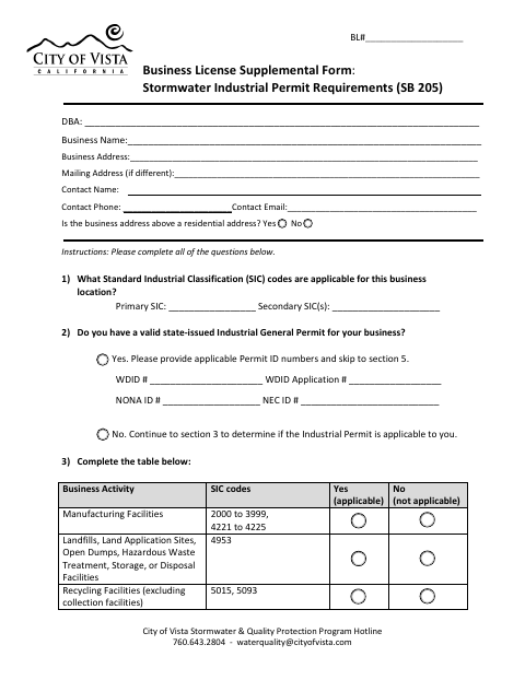 First page of the Business License Supplemental Form: Stormwater Industrial Permit Requirements (SB 205)