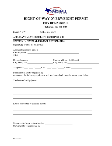 First page of the Right-of-Way Overweight Permit
