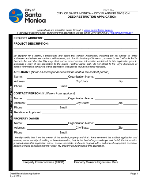 First page of the Deed Restriction Application