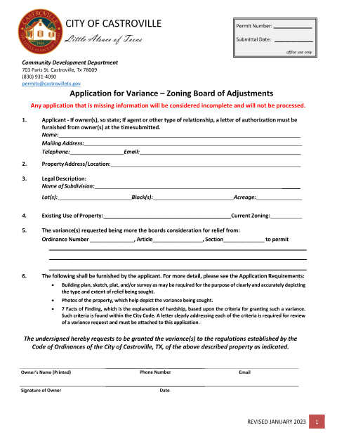First page of the Variance Application – Zoning Board of Adjustments