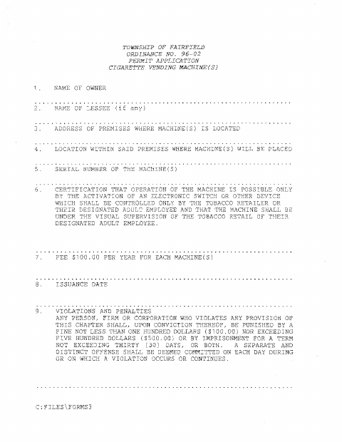 First page of the Cigarette Vending Machine Permit Application