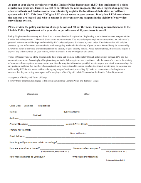 First page of the Video Registration Form