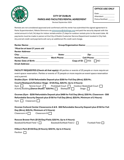 First page of the Parks and Facilities Rental Agreement