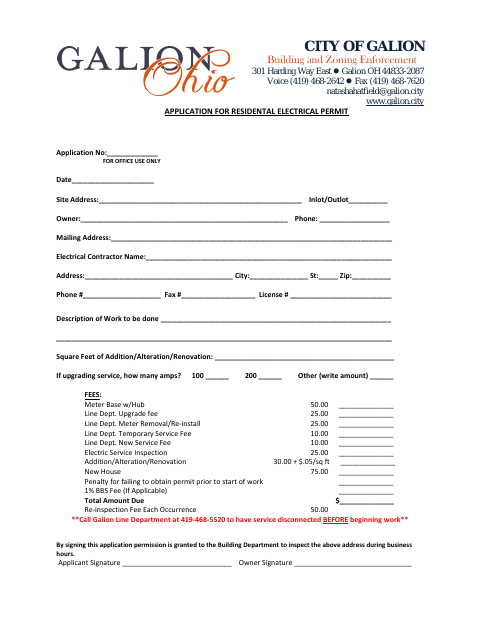 First page of the Residential Electrical Permit Application