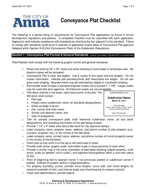 First page of the Conveyance Plat Checklist