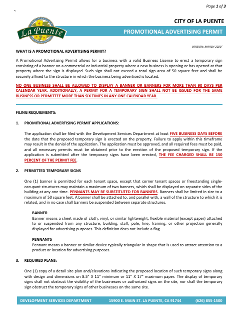 First page of the Promotional Advertising Permit