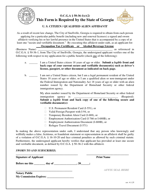 First page of the U.S. Citizen / Qualified Alien Affidavit