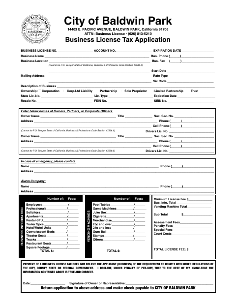 First page of the Business License Tax Application