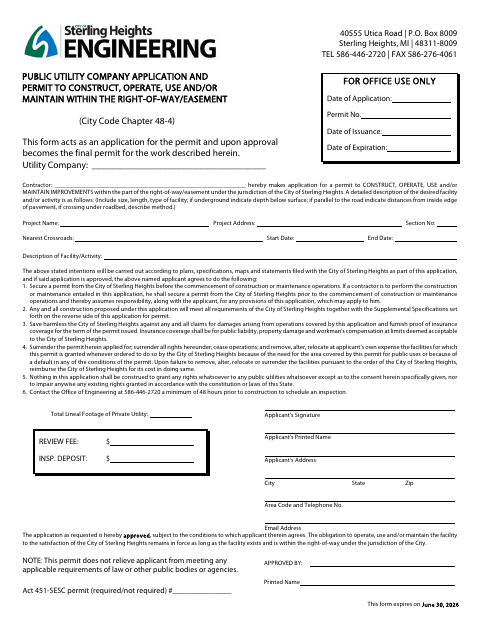 First page of the Right-of-Way Application/Permit for Public Utility Companies