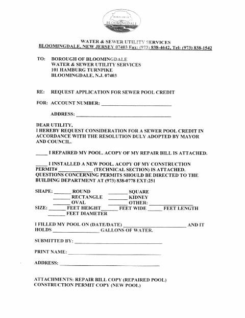 First page of the Application for Sewer Pool Credit