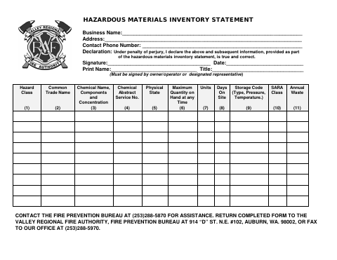 First page of the Hazardous Materials Inventory Statement