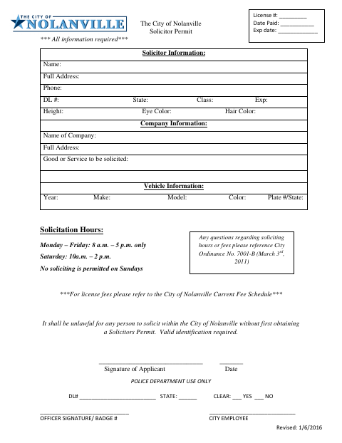 First page of the Solicitor Permit Application