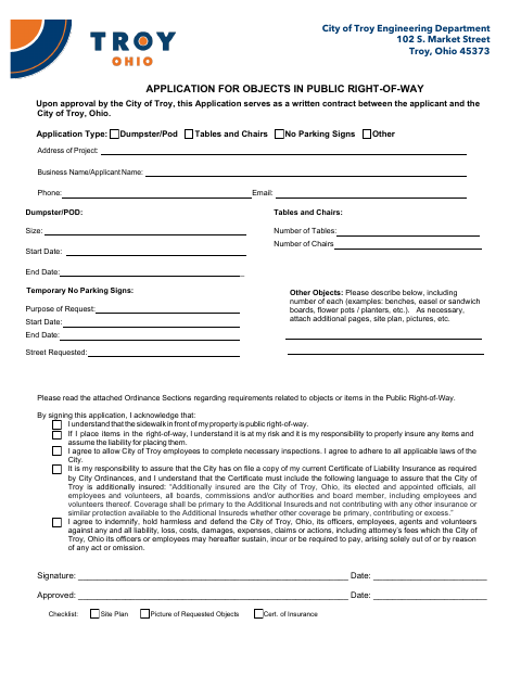 First page of the Application for Objects in Public Right-of-Way