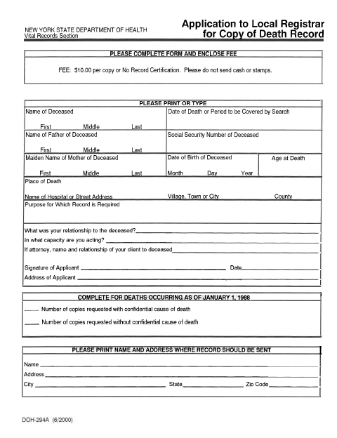 First page of the Application to Local Registrar for Copy of Death Record