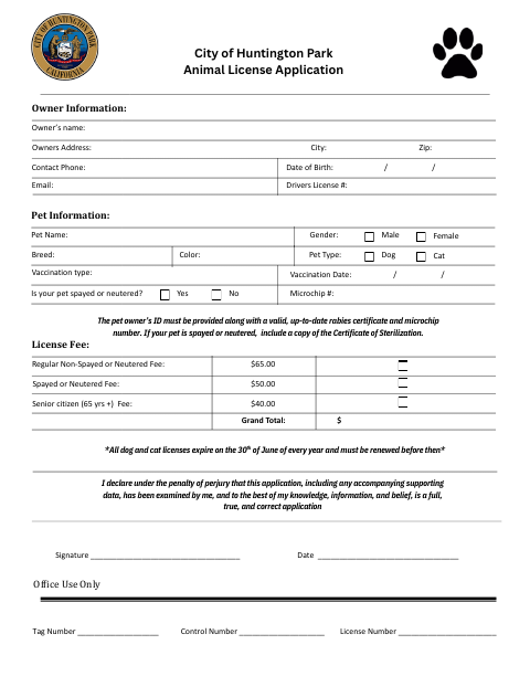 First page of the Animal License Application