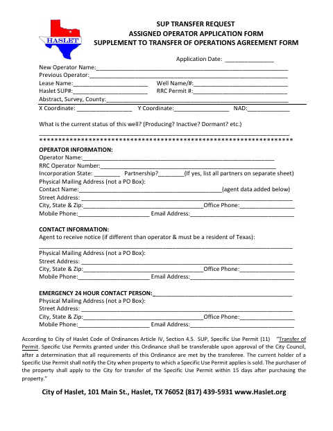 First page of the SUP Transfer Request Assigned Operator Application Form