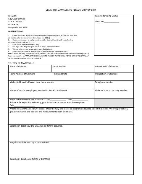 First page of the Claim for Damages to Person or Property