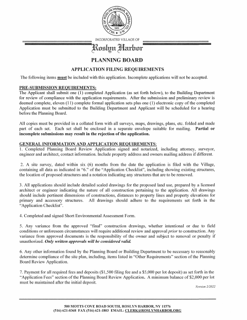 First page of the Planning Board Review Application