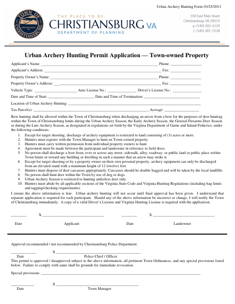 First page of the Urban Archery Hunting Permit Application — Town-Owned Property