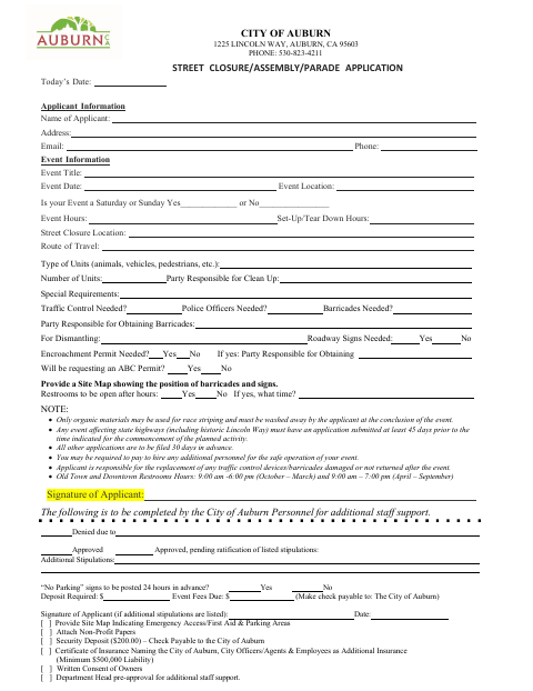 First page of the Street Closure/Assembly/Parade Application