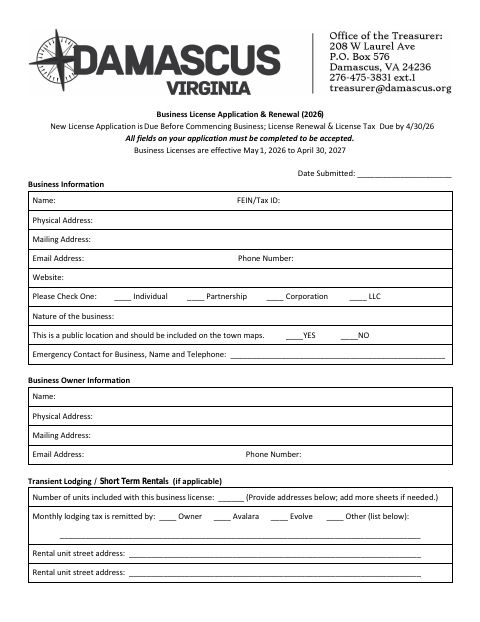First page of the Business License Application & Renewal