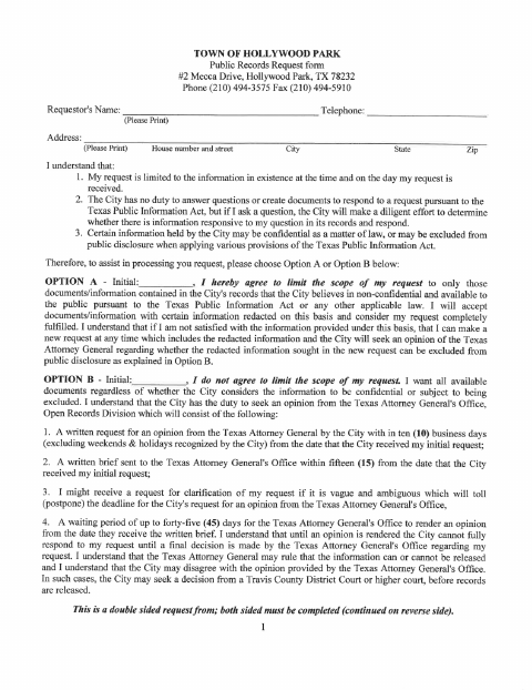 First page of the Public Records Request Form