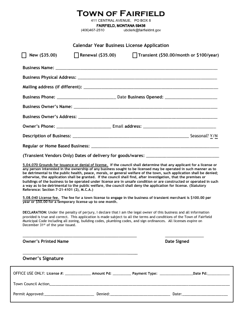First page of the Business License Application