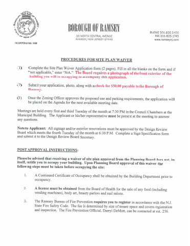First page of the Application for Site Plan Waiver