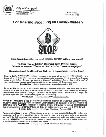 First page of the Owner Builder Construction Permit Application