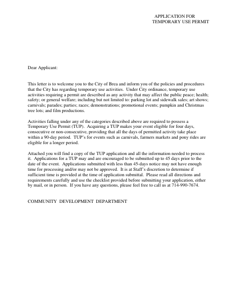 First page of the Application For Temporary Use Permit