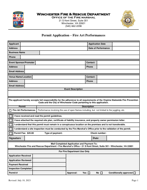 First page of the Fire Art Performances Permit Application