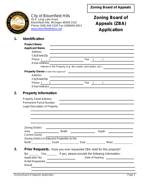 First page of the Zoning Board of Appeals Application