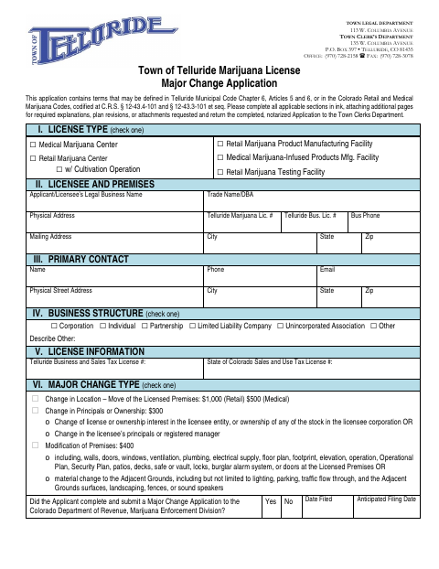 First page of the Marijuana License Major Change Application