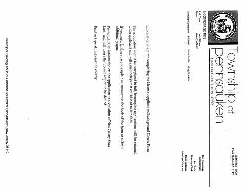 First page of the License Application / Background Check