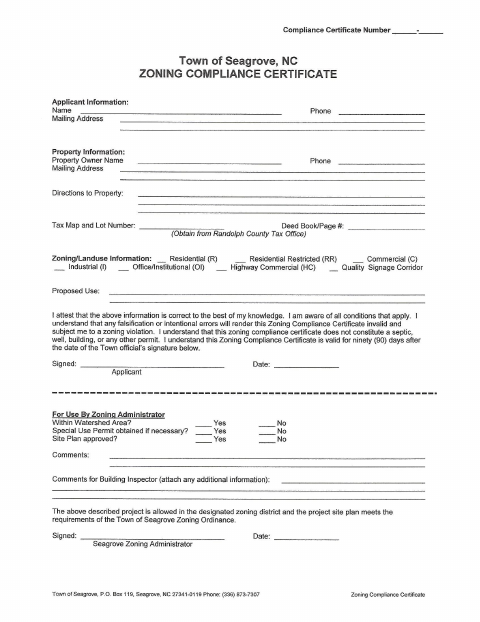 First page of the Zoning Compliance Certificate