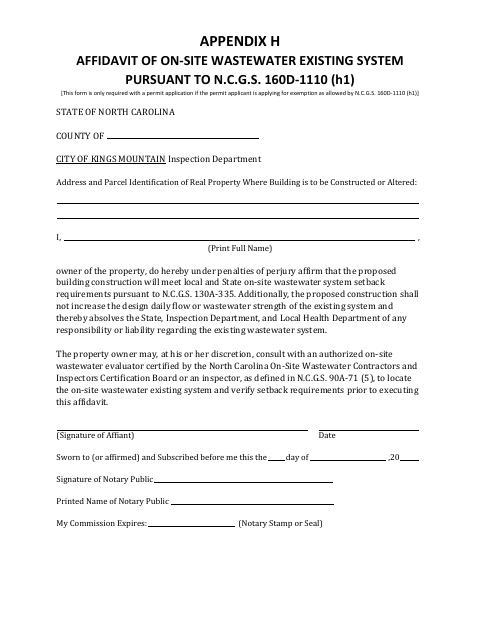 First page of the Appendix H Affidavit of On-Site Wastewater Existing System
