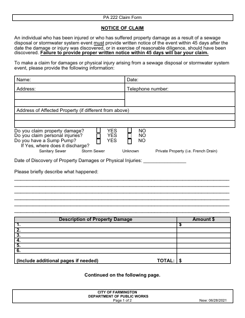 First page of the PA 222 Claim Form