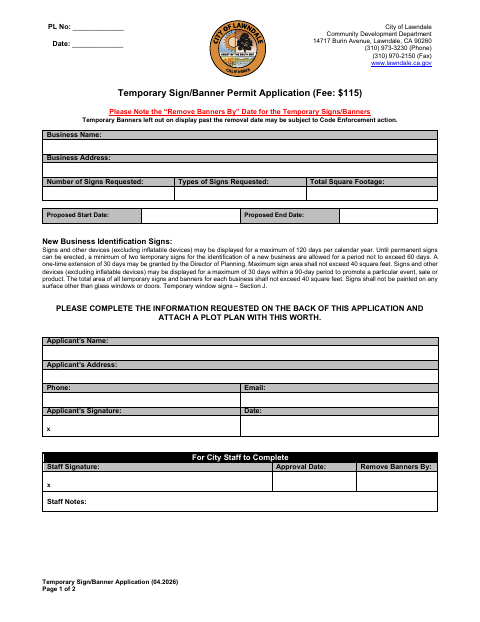 First page of the Temporary Sign/Banner Permit Application