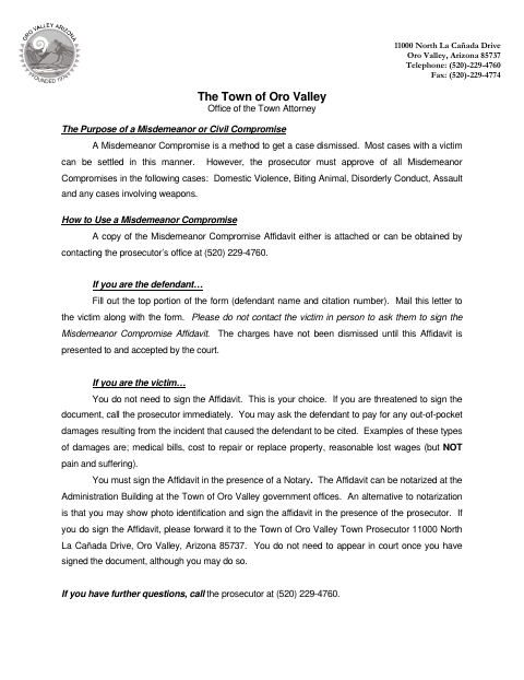 First page of the Misdemeanor Civil Compromise Affidavit