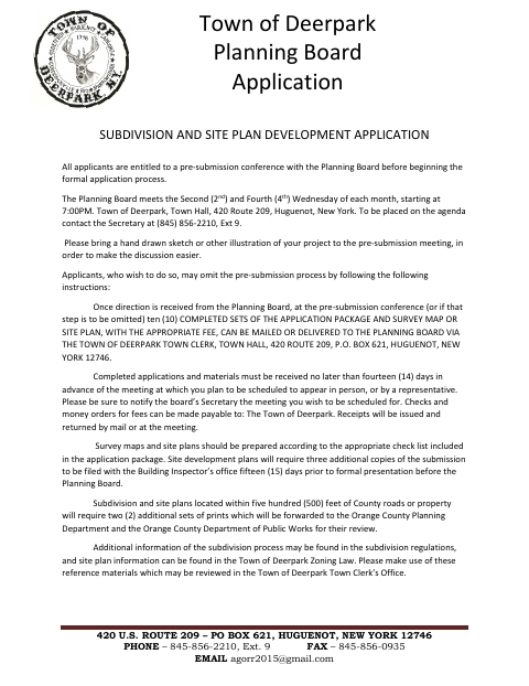 First page of the Planning Board Subdivision and Site Plan Application