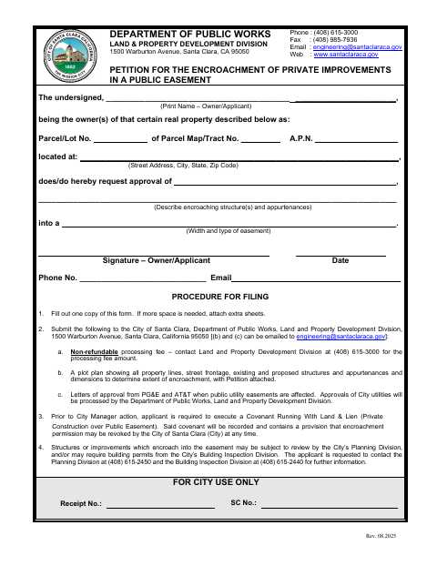 First page of the Petition for Encroachment of Private Improvements in a Public Easement