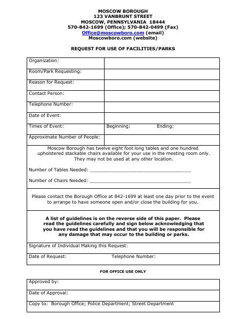 First page of the Request for Use of Facilities and Parks