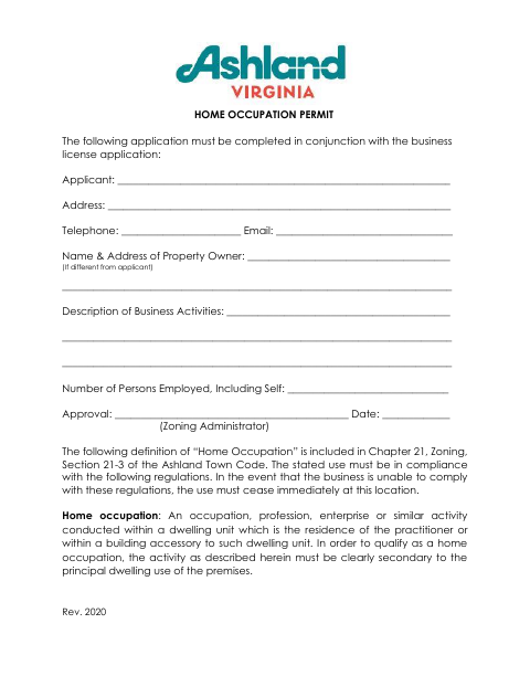 First page of the Home Occupation Permit