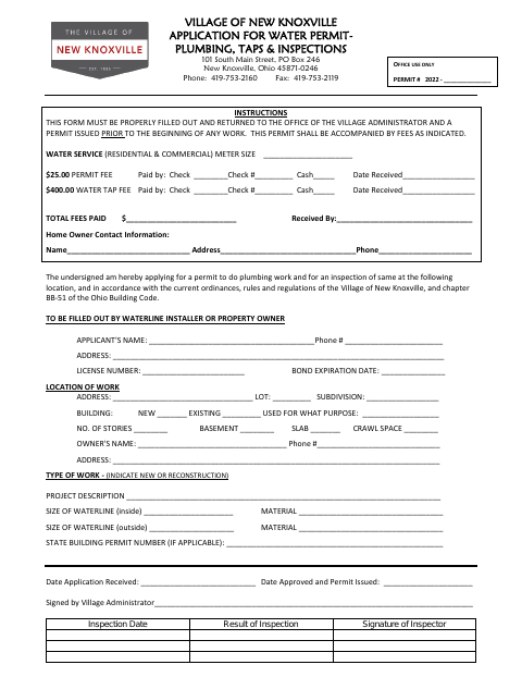 First page of the Water Permit Application – Plumbing, Taps & Inspections