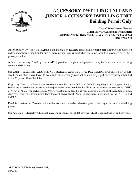 First page of the Accessory Dwelling Unit and Junior Accessory Dwelling Unit Building Permit Application