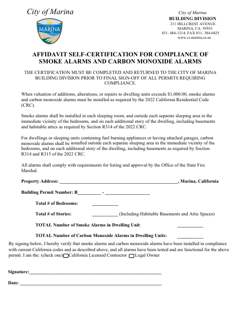 First page of the Affidavit Self-Certification for Compliance of Smoke Alarms and Carbon Monoxide Alarms